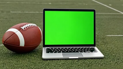 Football And Green Screen Laptop On Green Field For Sports And Tech Concept - Powered by Adobe