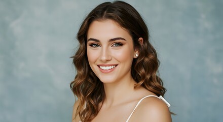 Young Woman Smiling Happily with Soft Natural Lighting and a Textured Blue Background Suitable for Beauty and Lifestyle Concepts