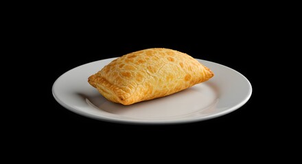 Golden Baked Pastry Snack on White Plate Isolated on Black Background Appetizing Food Photography