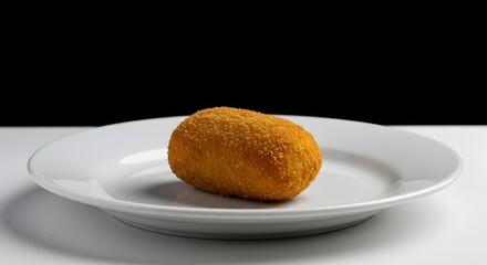Golden Brown Croquette Served on a White Plate with a Black Background Ready to Eat Appetizing Snack