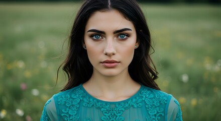 Beautiful young woman with striking blue eyes and dark hair wearing a teal lace dress standing in a green grassy field with wildflowers and soft natural light