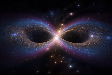 A digital illustration of a black hole distorting against a black background.