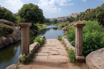 A stone bridge with pillars leads to a river surrounded by trees rocks and vegetation under a cloudy sky