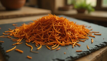 Fototapeta premium Pile of shredded carrot on a dark slate board. Carrot julienne.