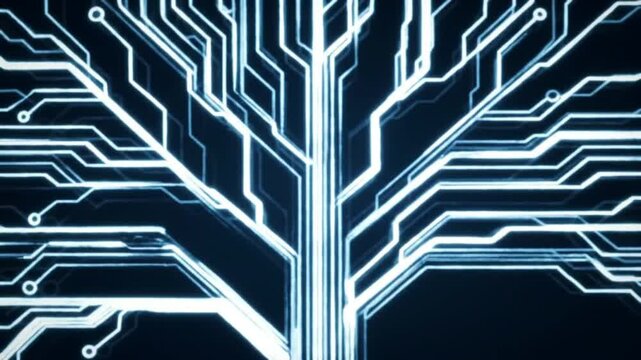 Glowing blue digital circuit board with a luminous hi-tech tree growing from its center, roots made of data lines
