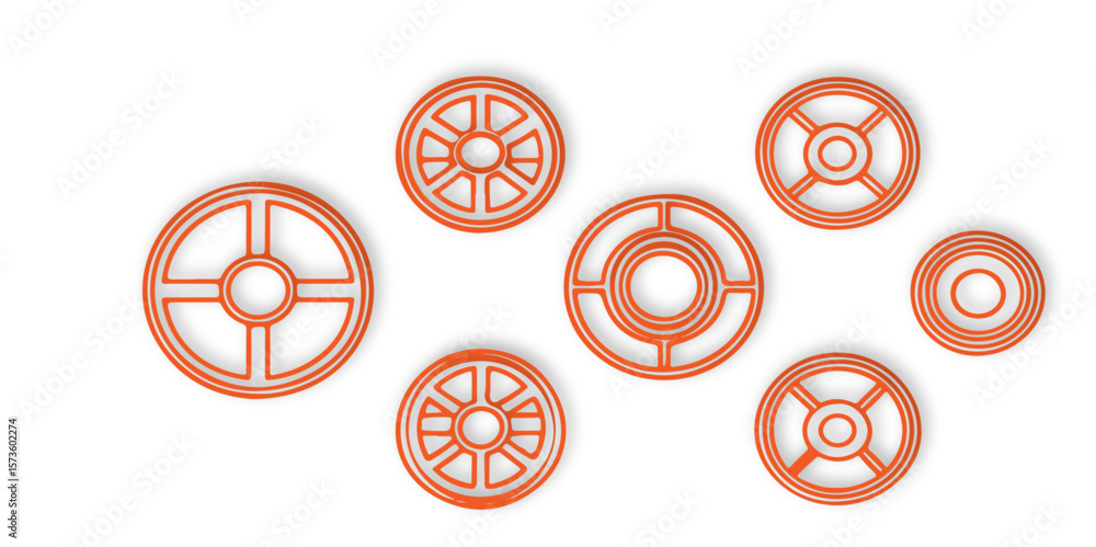 Aufkleber collection of orange circular shapes with varying internal designs on a white background surface arr
