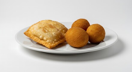 Delicious Golden Fried Pastry and Arancini Balls on a White Plate Isolated on White Background Food Photography
