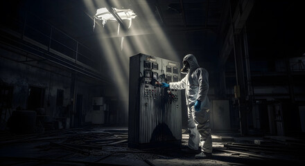 Hazmat Suit Worker at Control Panel