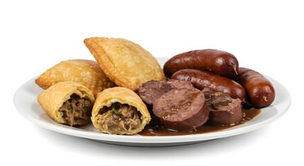 Savory Fried Pastries and Rich Sausage Medley Isolated on White Background Appetizing Food Platter for Culinary Delights