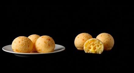 Delicious Golden Brazilian Cheese Bread Pao de Queijo Appetizer Snack Baked Freshly Toasted Grain Dough Balls with Melty Cheese Filling Isolated on Black Background for Food Photography