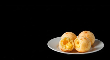 Delicious Golden Cheese Bread Pao de Queijo Snacks Isolated on Black Background Top View Appetizing Brazilian Food Baked Treat