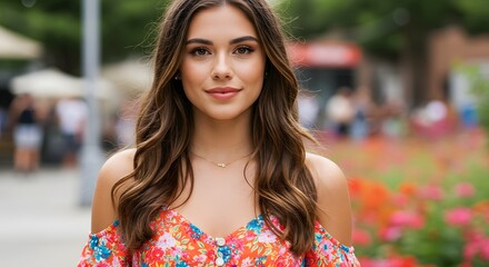 Beautiful Young Woman Smiling Outdoors Wearing Floral Dress with Soft Bokeh Background