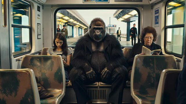 Surreal scene of a gorilla wearing a suit calmly riding a city subway train surrounded by unsuspecting human passengers