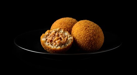 Golden Fried Arancini Rice Balls Filled with Savory Meat Delicious Italian Appetizer Close Up Shot