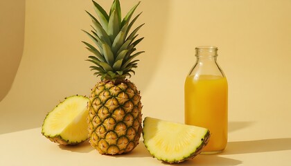 Pineapple, sliced fruit and juice bottle on light yellow background.