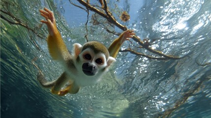 Monkey swimming underwater