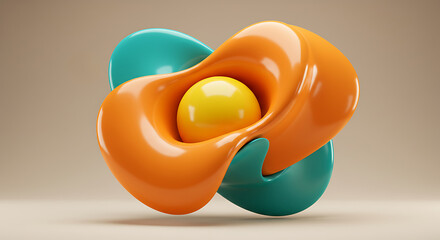 A vibrant abstract sculpture with a yellow sphere in the center
