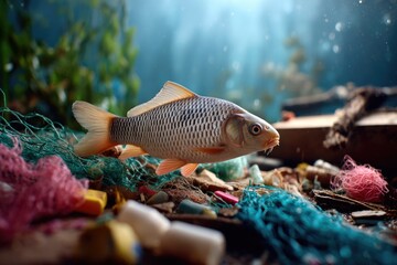 A fish swimming among floating plastic waste and discarded fishing nets