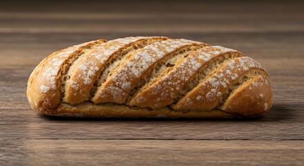 Artisan Rustic Loaf of Bread with Golden Crust and Detailed Scoring on a Textured Wooden Surface