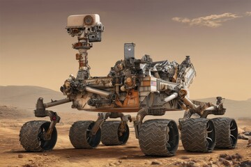 A high-resolution scene of a Mars rover robot with black wheels exploring the red Martian landscape.