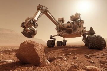 A high-resolution scene of a Mars rover's robotic arm reaching out to examine a red rock on the surface of the planet.