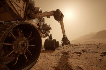 A high-resolution scene of a Mars rover's robotic arm on the ground, ready for exploration.