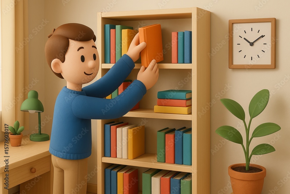 Poster organized bookshelf scene with person and simple decorative elements