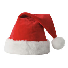 Plush red santa hat with white trim isolated on a transparent background