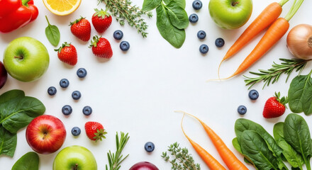 Vibrant assortment of fresh fruits and vegetables on a clean white background