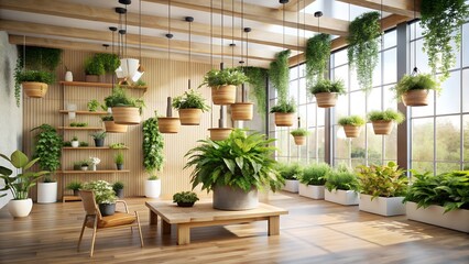 An airy room with numerous plants, shelves, and natural light