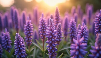 Purple Speedwell flowers in a meadow bathed in golden sunlight