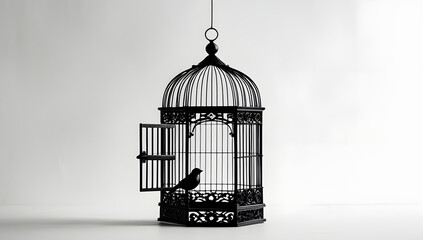 Black silhouette of an ornate birdcage with an open door, suspended in mid-air on a pure white background, symbolizing freedom, solitude, and quiet escape in a minimal, emotional composition