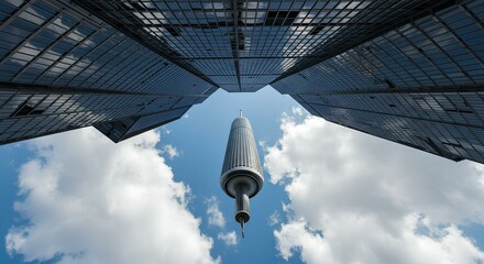 Futuristic Skyscrapers and Tower Against Blue Sky
