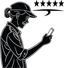 Customer Feedback Icon Set – Woman Checking Mobile Review with 5-Star Rating Silhouette Illustration