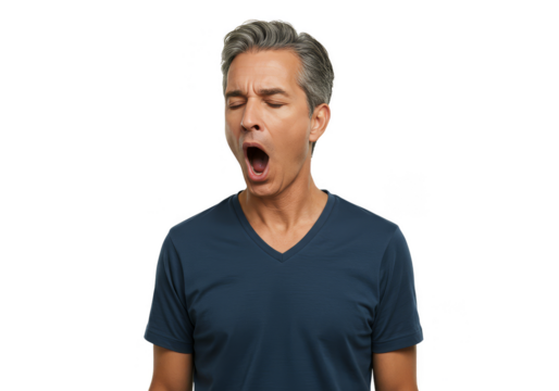 Isolated Portrait Of Man Yawning With Gray Hair In Blue Shirt
