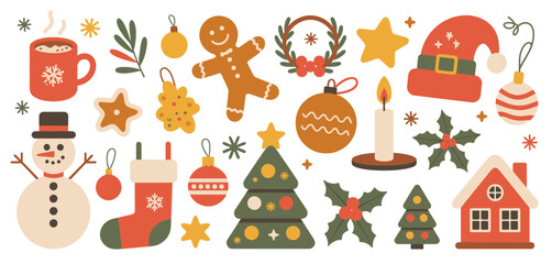Festive christmas collection with snowman gingerbread man tree and decorations