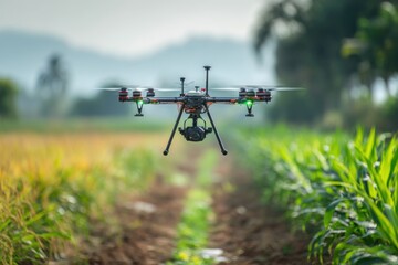 High-tech Drone Flying Over Lush Green Rice Field in Agriculture