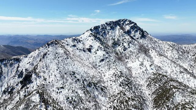 Aerial view of snowcapped peaks in winter, United States.