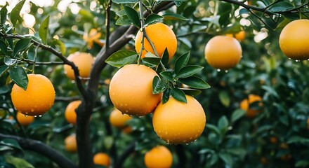 Ripe orange fruit hanging on branch in tree with green leaves.