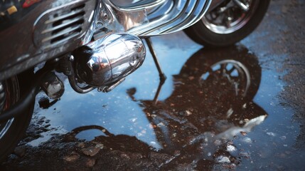 Motorcycle reflection on wet surface close up of chrome detailing