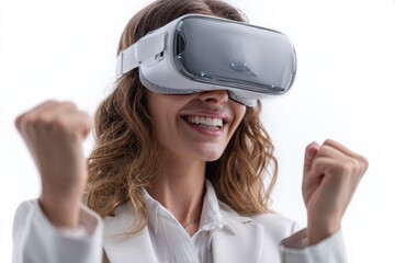 A woman smiles with fists raised wearing a white VR headset in a bright neutral setting