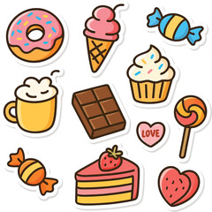 Cute dessert collection is perfect for delicious design, featuring a donut, ice cream, cake, chocolate, cupcake, candy and other sweet icons.