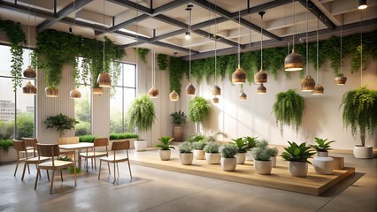 Fototapeta premium Bright office space with hanging plants and seating area