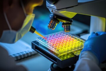 A scientist in a lab coat is carefully pipetting a fluorescent yellow dye into a test tube, focusing intently on the reaction.