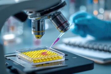 A scientist using a pipette to add fluorescent dye into a microscope slide with a yellow substance, focusing on the details of the experiment.