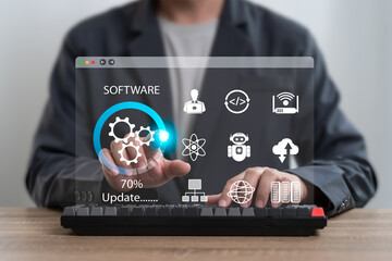 System upgrade and software update process concept, Businessman show  loading bar while updating...