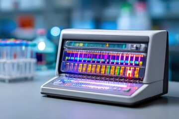 A close-up view of a futuristic computer screen displaying colorful lights resembling DNA strands, creating a vibrant and technologically advanced atmosphere.