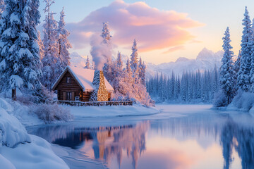 Tranquil Winter Cabin by a Frozen Lakeside at Dawn

