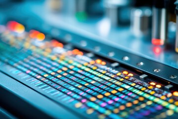 A close up of a futuristic keyboard with a blurry background, showcasing ultra-detailed design elements resembling DNA strands.
