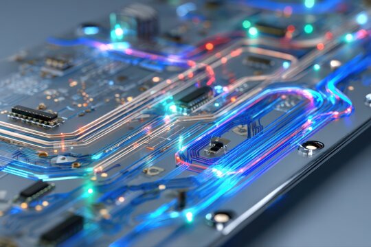 This stock image features a close-up view of a futuristic and ultra-detailed computer motherboard, resembling a complex DNA structure.